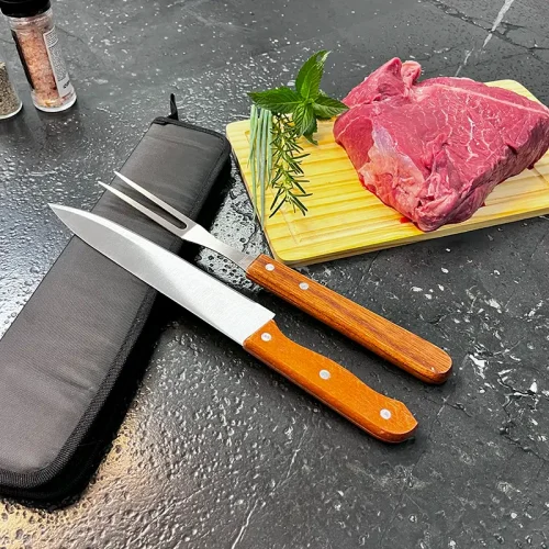 Kit para Churrasco 3 Peças em Inox com Cabo de Madeira